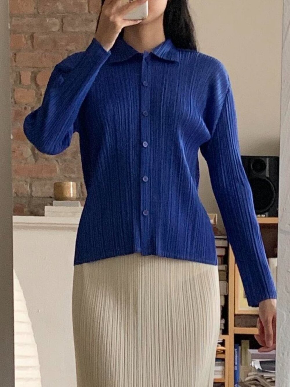 Issey Miyake Pleats Please Collar Button Up Top Blue JP3